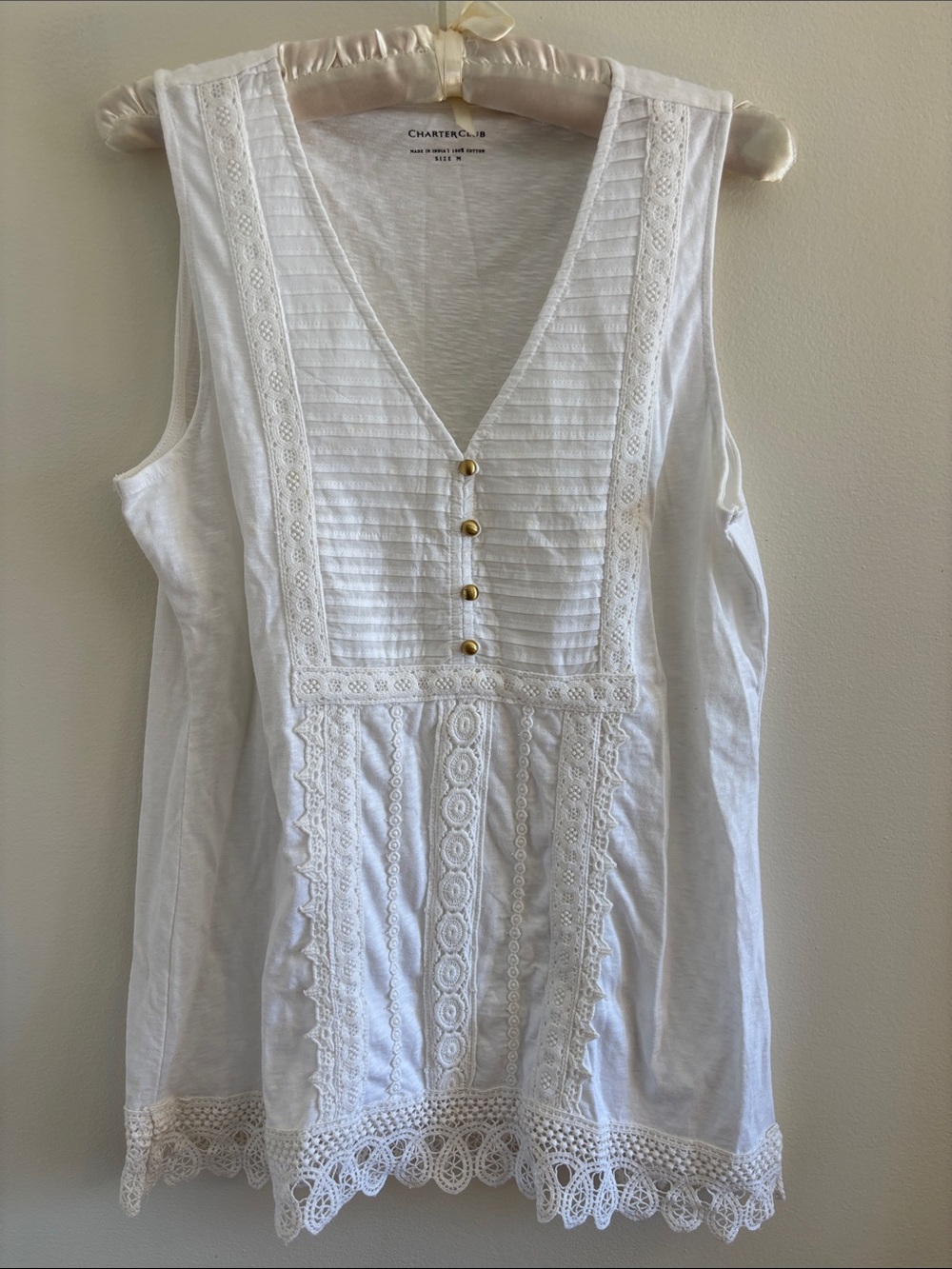 Charter Club White Lace-Trim V-Neck Pintuck Tunic